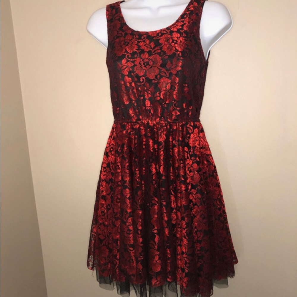 Red and Black Lace Overlay Dress
